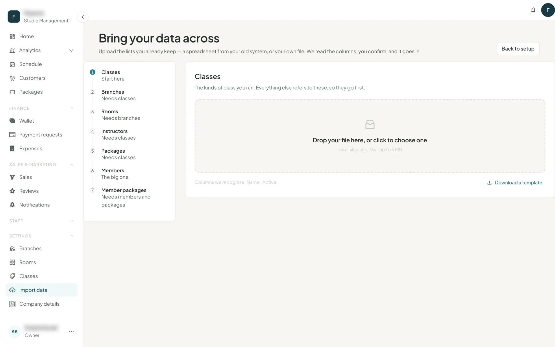The import data page showing the seven entity types to import in order, from classes through to member packages