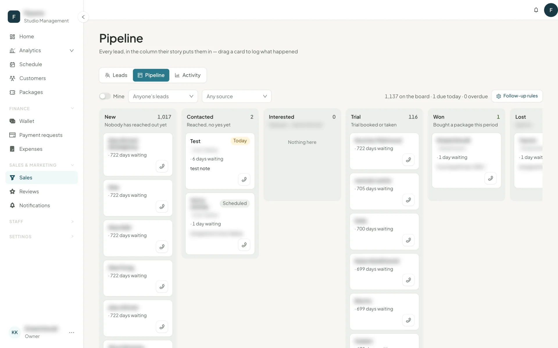 The sales pipeline board with columns for New, Contacted, Interested, Trial, Won and Lost